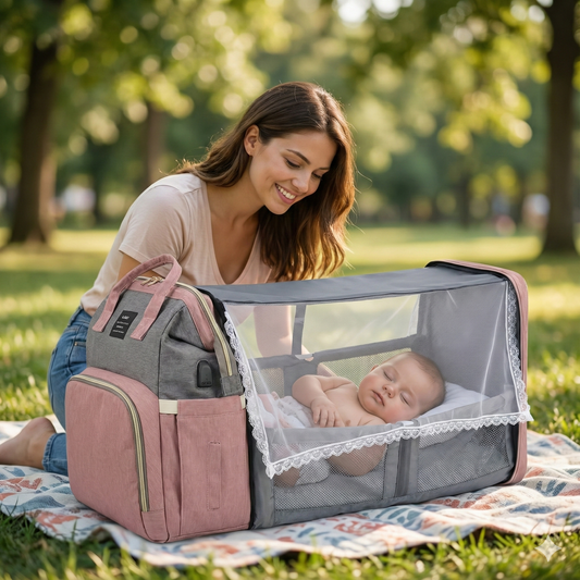 Endlich stressfrei reisen mit deinem Baby – Rucksack, Wickeltasche & Reisebett in einem.